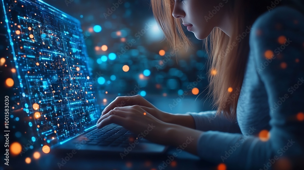 Poster Digital technology internet network connection global business concept Woman using modern computer surfing the internet data exchange digital marleting innovative technology background : Generative AI