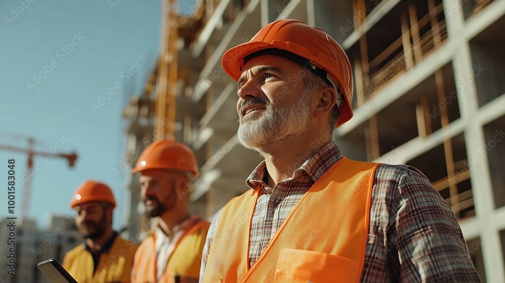 Leinwandbilder team of construction workers senior architect or civil engineer and foreman walking and discussion t