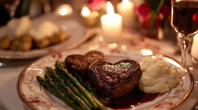 Valentine’s dinner with heart-shaped steaks, asparagus, and mashed potatoes beautifully served