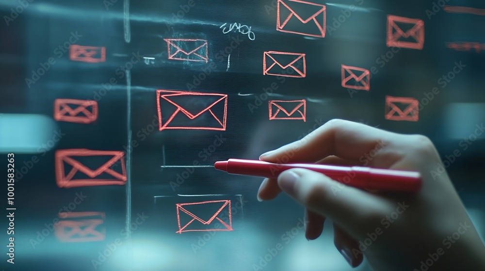 Poster Hand sketching Email Concept with red marker on transparent wipe board : Generative AI