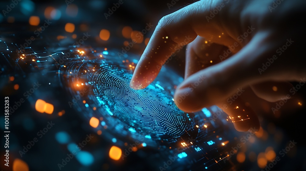 Aufkleber businessman scan fingerprint biometric identity and approval concept of the future of security and password control through fingerprints in an immersive technology future and cyberneti : Generative AI