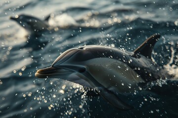 Fototapeta premium A captivating photography shot featuring playful dolphins leaping joyfully from the ocean waves