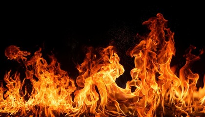 Panorama Fire flames on black background.