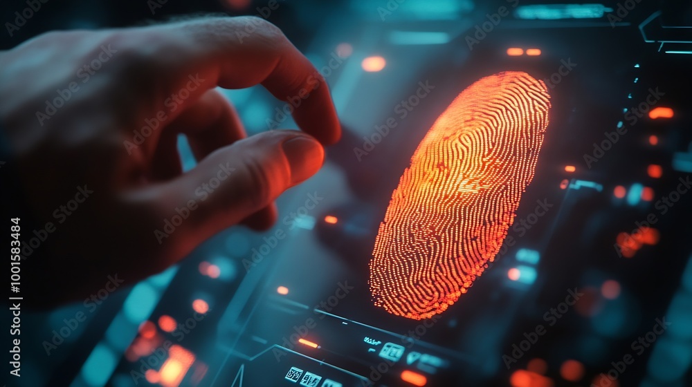 Aufkleber Man scan fingerprint biometric identity and approval Secure access granted by valid fingerprint scan cyber security on internet of digital program futuristic applications cybernetic bu : Generative AI