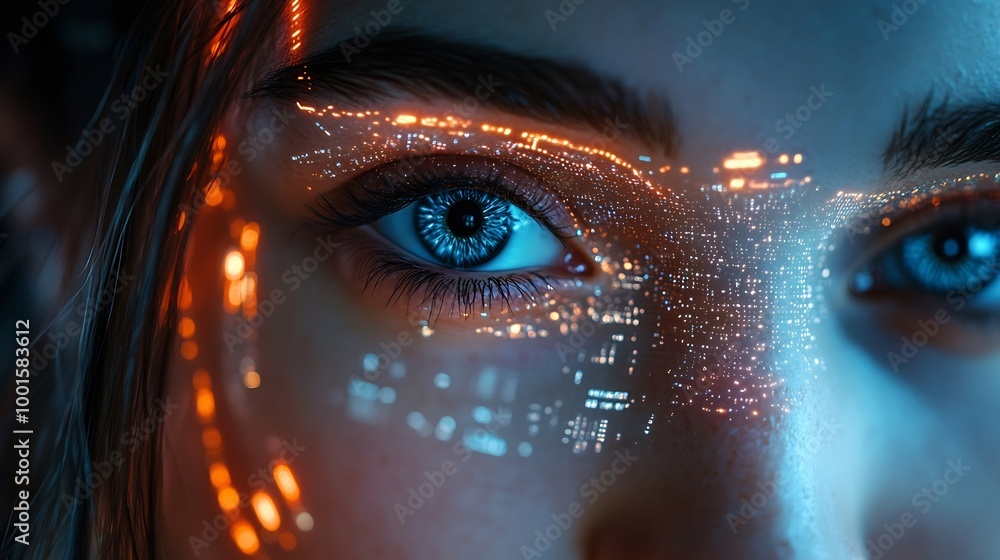 Aufkleber Cyber security data protection Woman using mobile phone and fingerprint or face id scan to access personal data security on secured network connection Biometric technology data encrypt : Generative AI