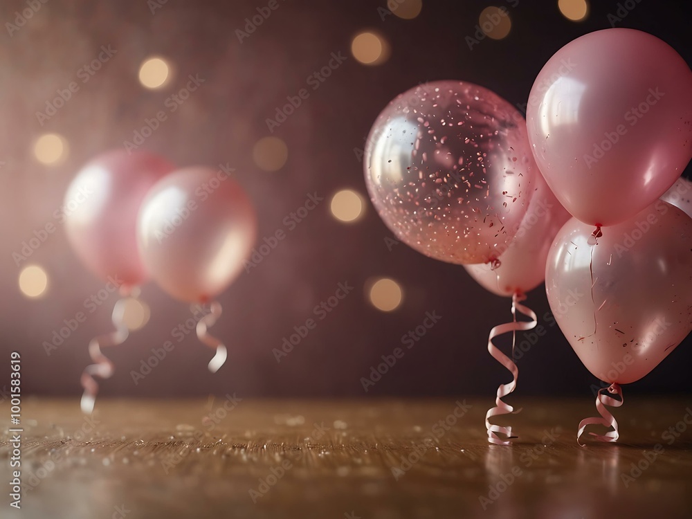 Poster floating pink balloons with sparkles against a soft bokeh backdrop.