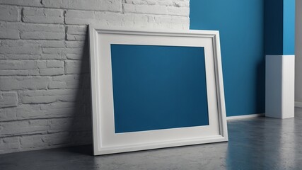Poster frame mock-up in home interior background, living room in blue and white colors. Living room interior with blue empty poster on the wall