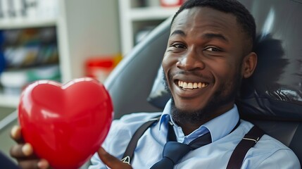happy african american doctor with stethoscope holding red heart