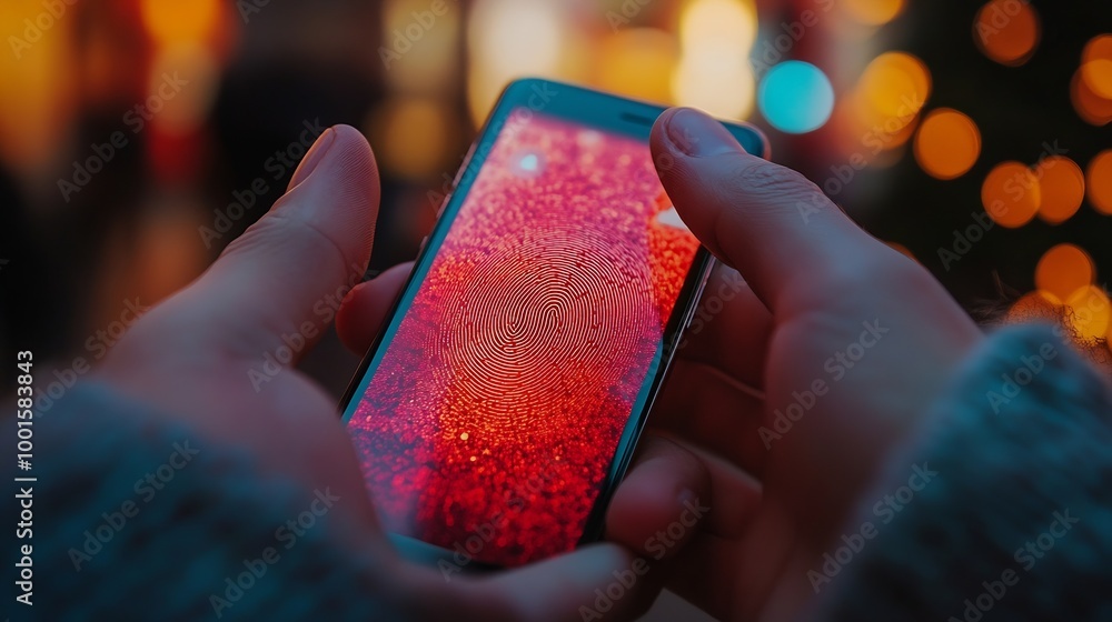 Poster Power of Biometric Security Networks Person unlocking their mobile phone with fingerprint : Generative AI