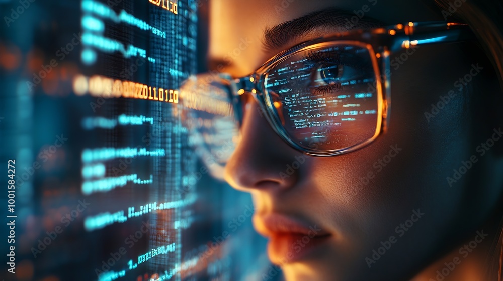Poster Software data hologram and woman with code analytics information technology and gdpr overlay Programmer coding or IT person in glasses reading html script programming and cyber securit : Generative AI