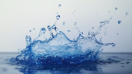 High-resolution image of a blue water splash frozen mid-air against a white backdrop, showcasing the fluidity and clarity of the splash
