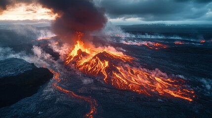 aerial view of a dramatic lava flow from Mount during the evening, highlighting the natural beauty and power of a volcanic eruption