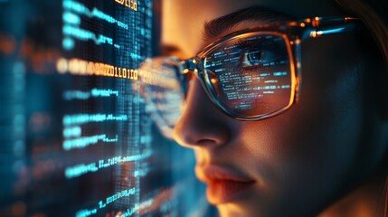 Software data hologram and woman with code analytics information technology and gdpr overlay Programmer coding or IT person in glasses reading html script programming and cyber securit : Generative AI