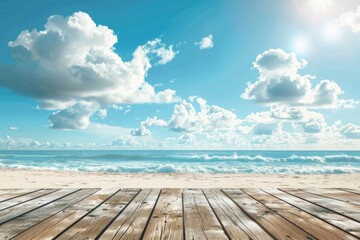 Fototapeta premium A wooden deck overlooking the ocean on a sunny day, perfect for relaxation or photography