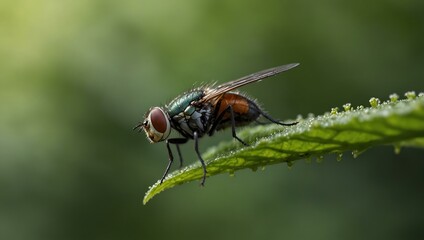 Fly on a leaf in nature.