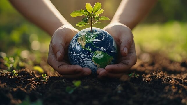 World environment day concept with tree planting and green earth on volunteering hands for ecological sustanability environmental saving CSR ESG awareness Element of the image furnishe : Generative AI