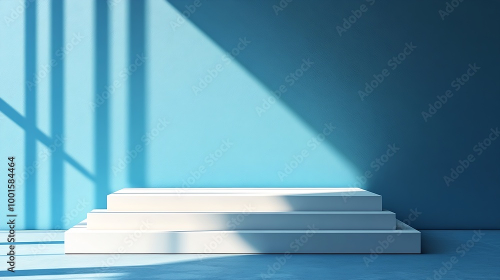 Aufkleber Podium stand and deep shadow on blue wall background Background for product Front view Mockup : Generative AI