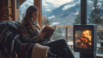 Beautiful stylish woman reading book on chair at fireplace with firewood on background of mountain hills Young female in casual clothes relaxing in modern chalet with amazing view from : Generative AI