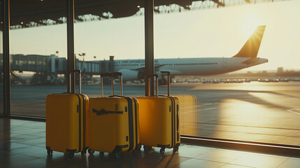 Suitcases positioned in an airport terminal with an airplane in the background, bathed in sunrise light, symbolizing travel and adventure.
