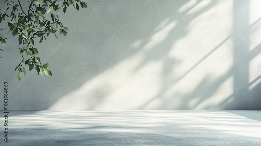Poster Background White Wall Studio with  Shadow Leaves light Cement floor Surface Texture BackgroundEmpty Kitchen Room with Podium DisplayTop Shelf BarBackdrop Concrete backgroundCosmetic Pr : Generative AI