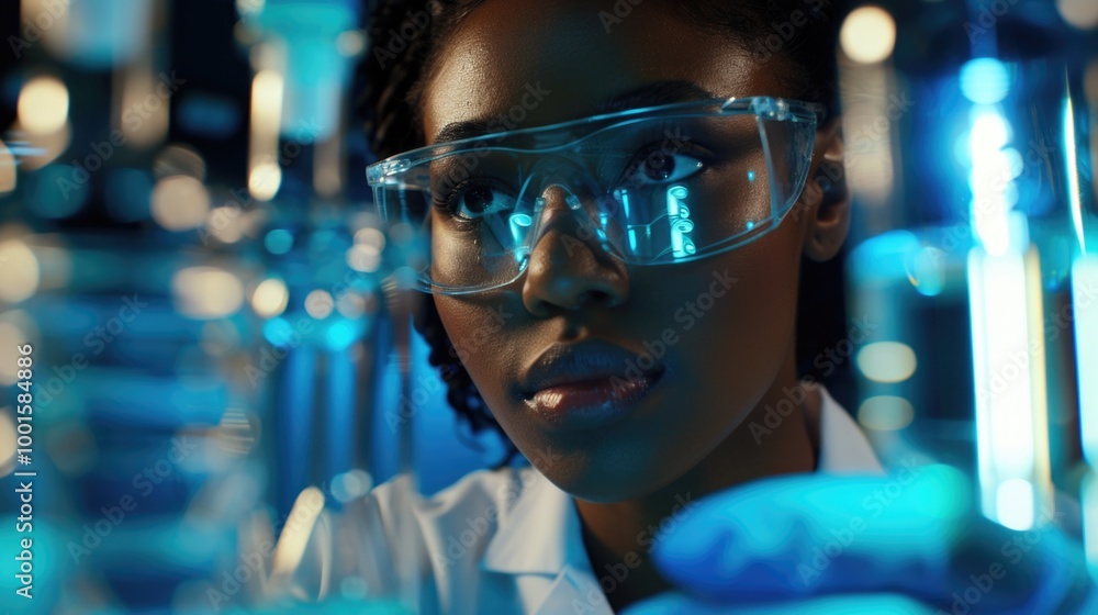 Poster a scientist in a lab setting holds a pipe and wears a lab coat and goggles