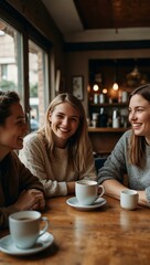 Four friends smile together in a cozy café on a bright afternoon.