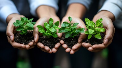 Business hands holding green plants together are the symbol of green business company agriculture and collaboration in a green business Ecosystem and Organization Development Cooperati : Generative AI