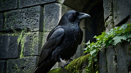 black crow with ivy and moss and haunting beauty.