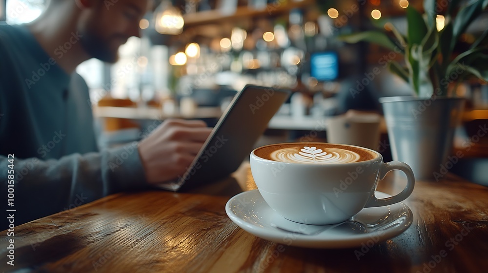Poster Man Checking Emails Coffee Break Concept : Generative AI