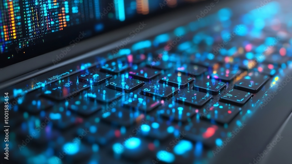 Fototapete close up computer engineering writing programming code in database on laptop keyboard to protect and blocking spam email from internet and hacker for smart technology concept : Generative AI