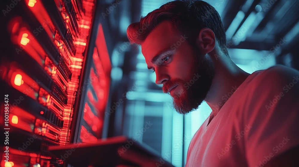 Poster Man tablet and server room programming or coding for cybersecurity information technology and data protection backup Happy engineering person on digital software and hardware solution  : Generative AI