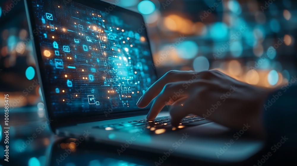 Poster Cyber security and data protection businessman using laptop internet network security protect business and financial transaction data from cyber attack user private data security encry : Generative AI