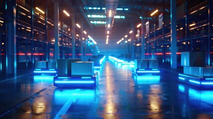 A long hallway with blue lights in a modern building