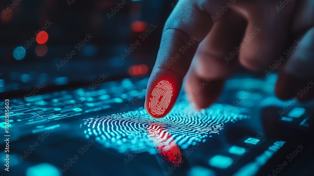 Aufkleber Businessman scan fingerprint biometric identity and approval Secure access granted by valid fingerprint scan Business Technology Safety Internet Network Concept : Generative AI