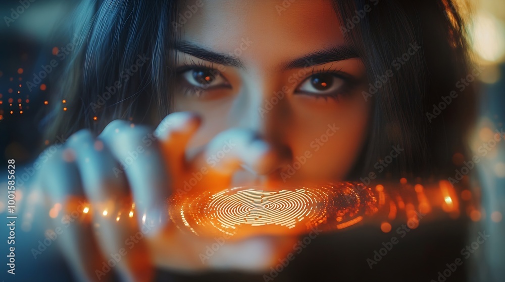 Poster Biometrics security and  innovation technology concept Woman using fingerprint indentification to personal access Touch ID : Generative AI