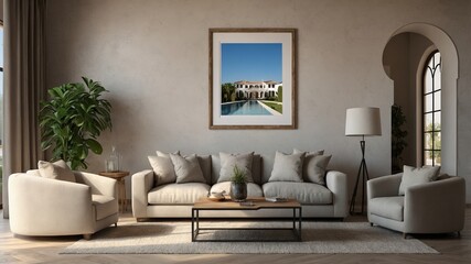 Cozy interior living room with wooden frame in wall. Poster frame mock-up in home interior background, living room in beige and brown colors with 3d render concept