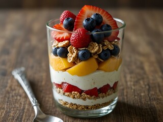 Fresh fruit parfait layered with yogurt and granola.