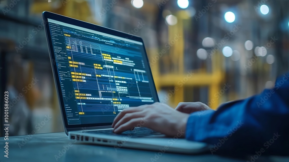 Aufkleber Scheduling and proceeding with task reports updating or tracking engineering progress Project engineer or manager uses laptop to manage construction or operation plans with Gantt chart : Generative AI