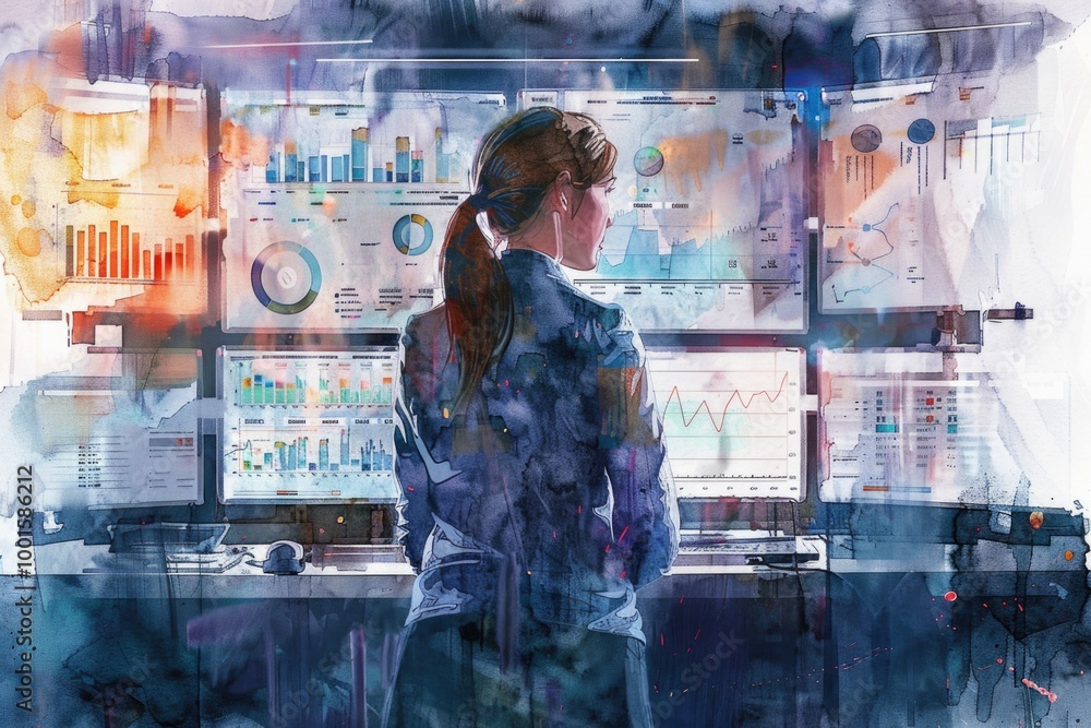 Poster a woman standing in front of multiple computer monitors with keyboards and screens visible