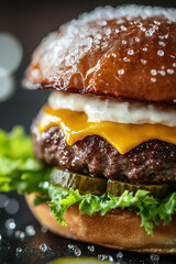 close-up shot of the burger, highlighting its rich texture and creamy mayonnaise sauce with a hint of saltiness from sea salt. 