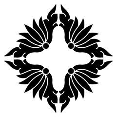 Obraz premium Geometrical cross shape decorative element with floral motifs. Folk style. Black and white silhouette.