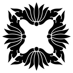 Rectangular decorative element with floral motifs. Folk style. Black and white silhouette.