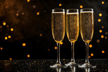 champagne glasses with golden glitter, set against a dark background on a black table, conveying a luxurious new year party vibe