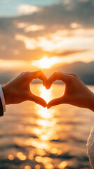 Newlyweds creating a heart symbol with their hands against a stunning sunset backdrop by the ocean