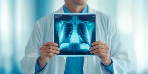 Doctor Holding X-Ray Film In Bright Hospital Room