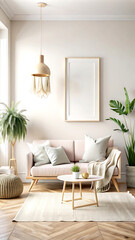 Home mockup, room in light pastel colors, Scandi-Boho style, 3d render, white Mock up frame