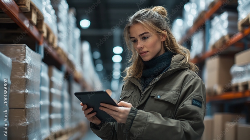 Poster female supervisor using a digital tablet to check inventory in a smart warehouse, leveraging automat