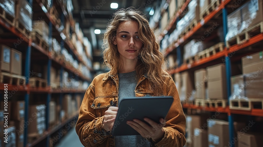 Poster female supervisor using a digital tablet to check inventory in a smart warehouse, leveraging automat