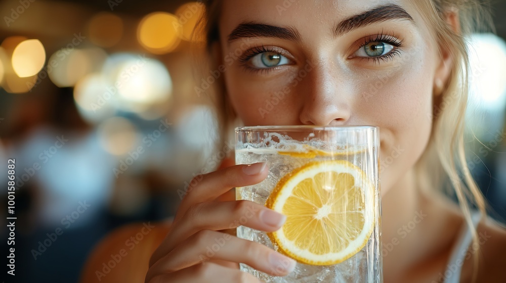 Poster woman drinking a lemonade beverage in a restaurant customer in diner sipping citrus beverage finding