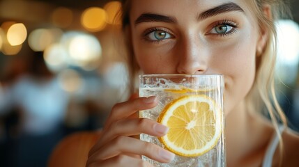 Woman Drinking a Lemonade Beverage in a Restaurant Customer in diner sipping citrus beverage finding it too sour : Generative AI